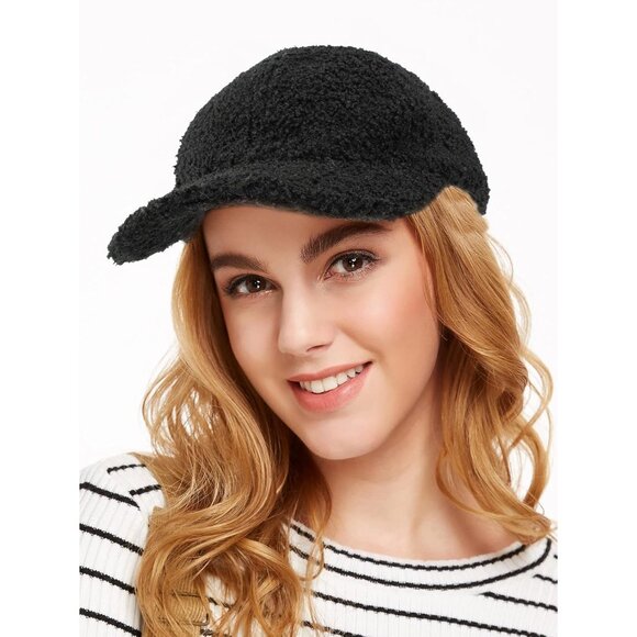 Men's Black Warm-Winter Fuzzy Fluffy Teddy Fleece Faux Lamb Wool Baseball Caps - Picture 9 of 9